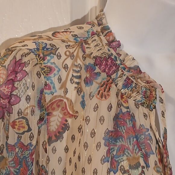 LOFT shimmer Vine smocked ruffle tie neck blouse size LP - Picture 8 of 11